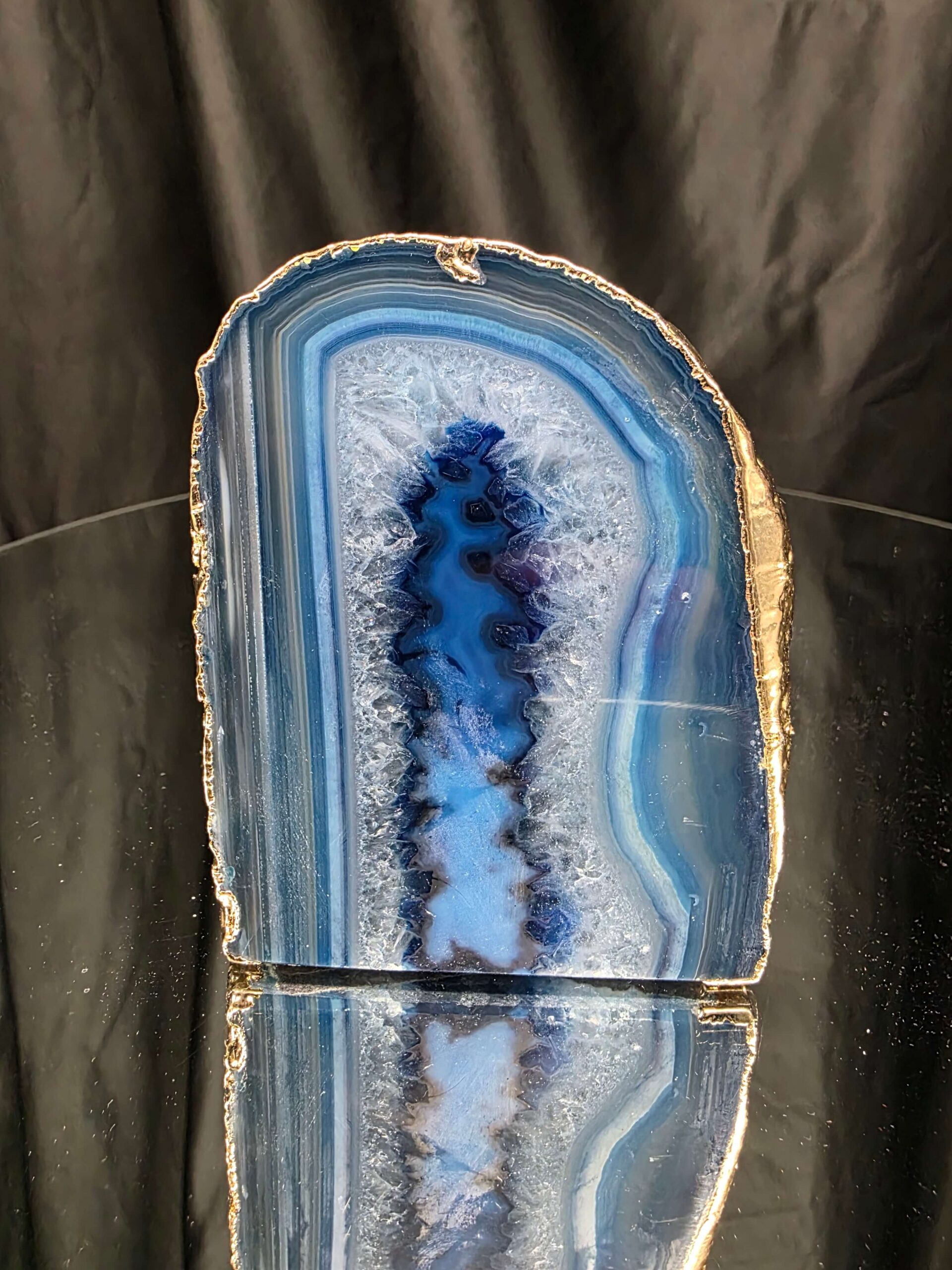 Large Blue Agate End Candle 3 Handpicked 1.001g H10xW8.5xD8cm Microcrystalline Quartz Gold Gilded 24ct Gold Tealight Holder