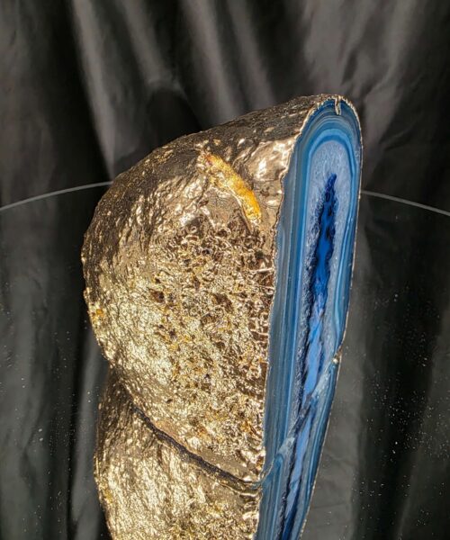 Alternative view of Large Blue Agate End Candle 3 Handpicked 1.001g H10xW8.5xD8cm Microcrystalline Quartz Gold Gilded 24ct Gold Tealight Holder