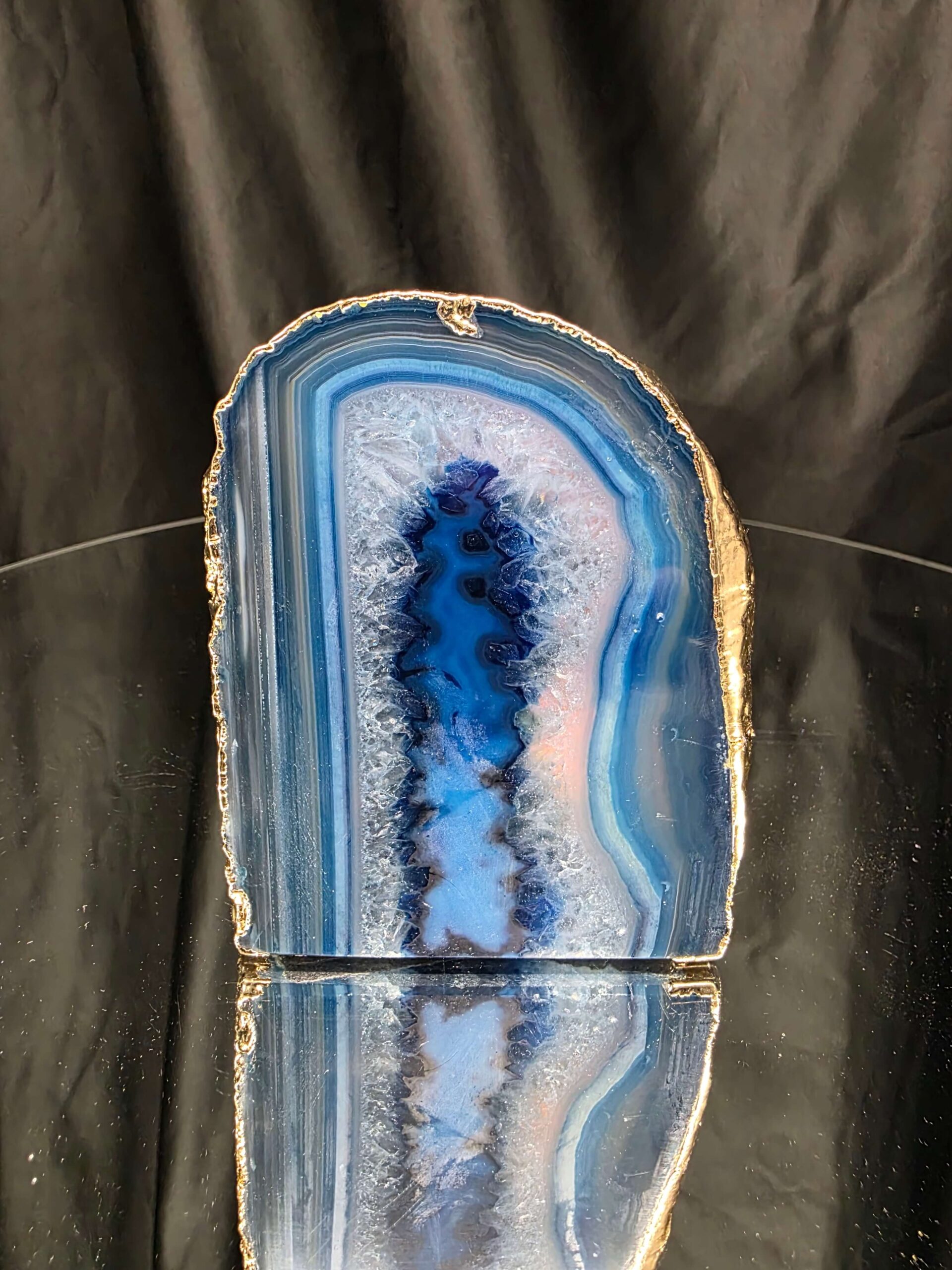 Large Blue Agate End Candle 3 Handpicked 1.001g H10xW8.5xD8cm Microcrystalline Quartz Gold Gilded 24ct Gold Tealight Holder - Image 7