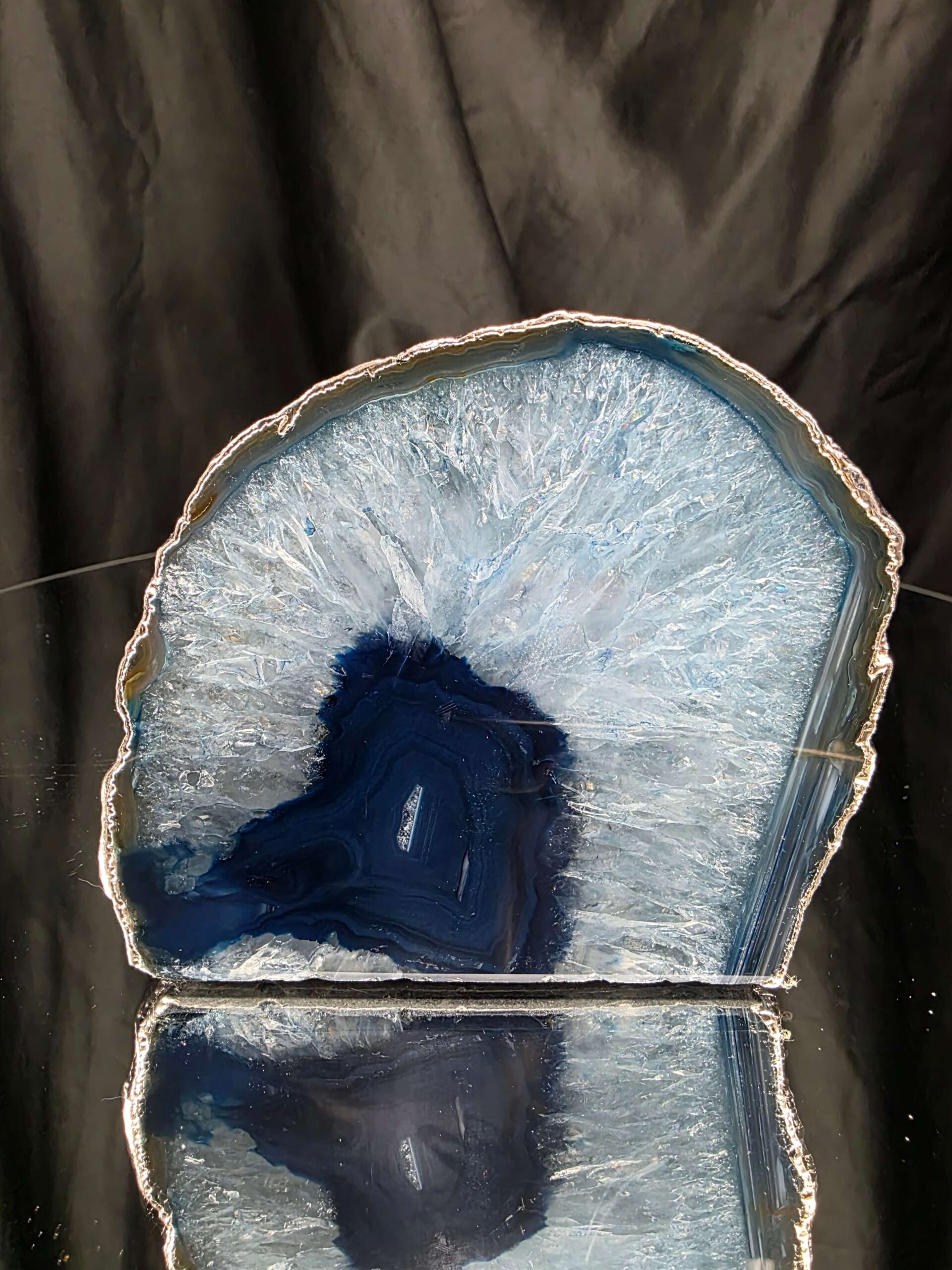 Large Blue Agate End Candle 2 Handpicked 969g H10xW11xD8cm Microcrystalline Quartz Silver Gilded Tealight Holder