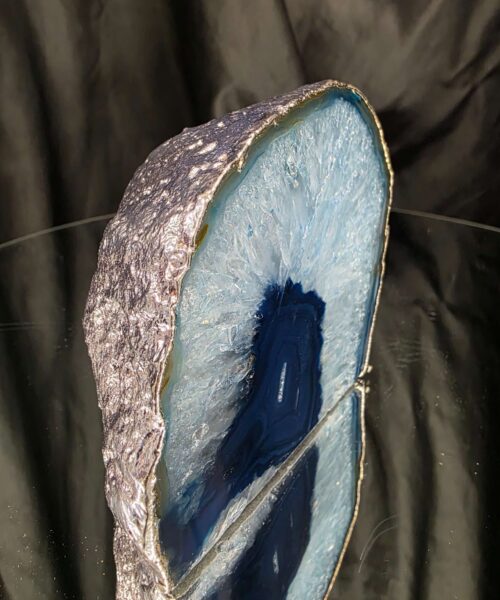 Alternative view of Large Blue Agate End Candle 2 Handpicked 969g H10xW11xD8cm Microcrystalline Quartz Silver Gilded Tealight Holder