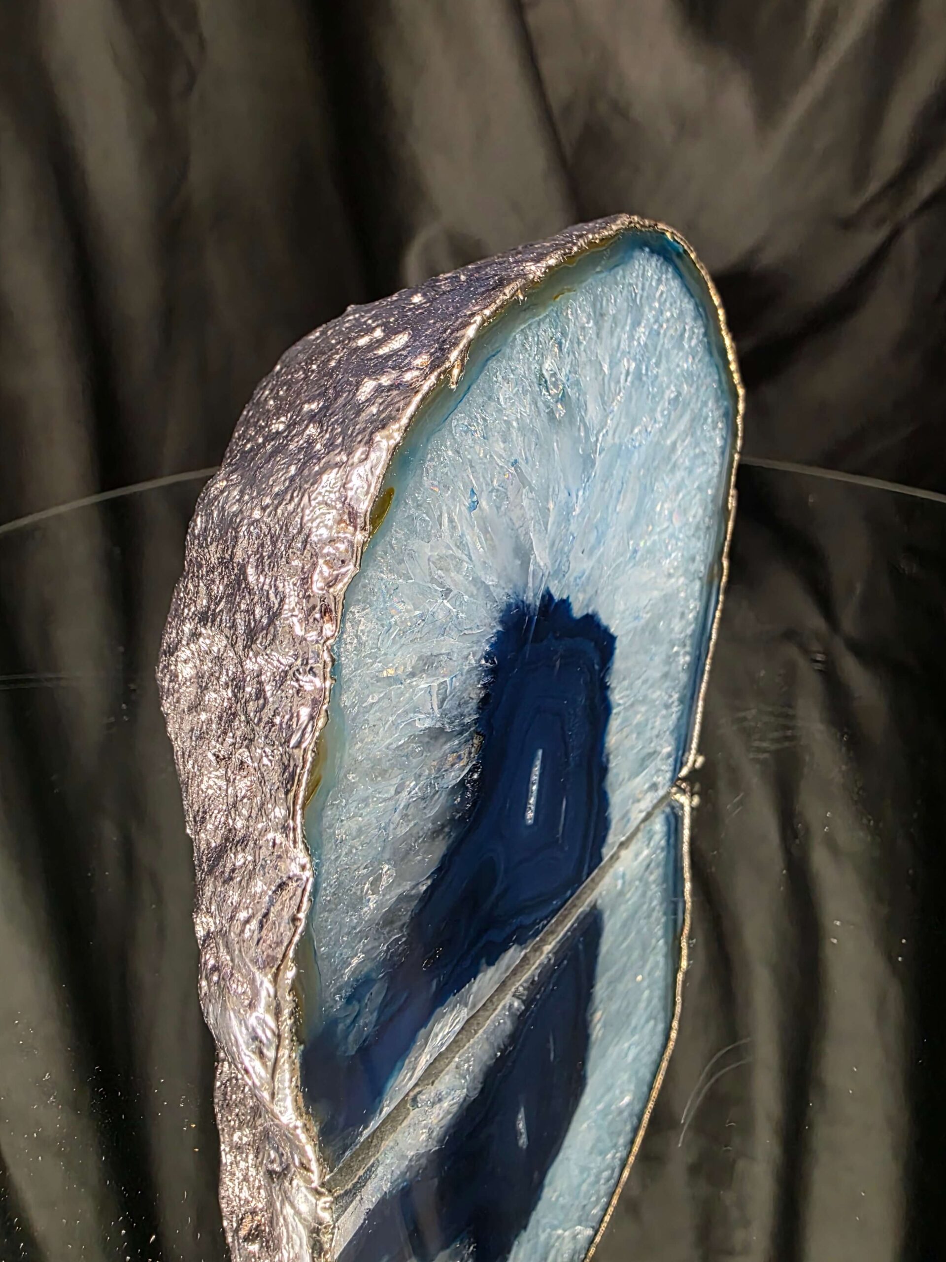 Large Blue Agate End Candle 2 Handpicked 969g H10xW11xD8cm Microcrystalline Quartz Silver Gilded Tealight Holder - Image 2