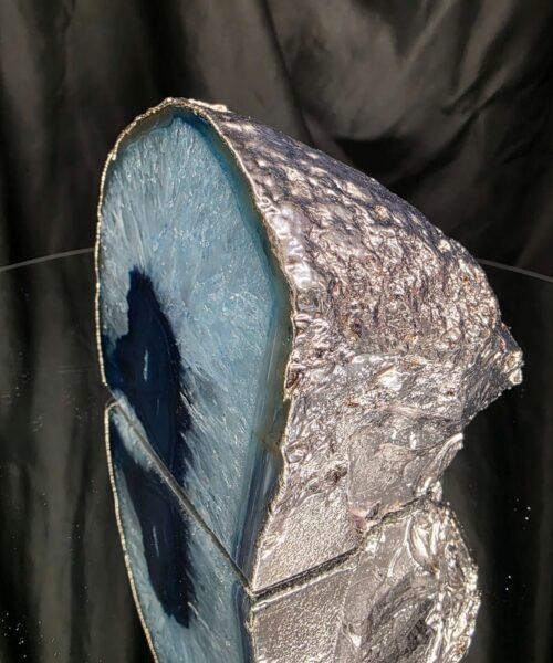 Large Blue Agate End Candle 2 Handpicked 969g H10xW11xD8cm Microcrystalline Quartz Silver Gilded Tealight Holder - Image 3