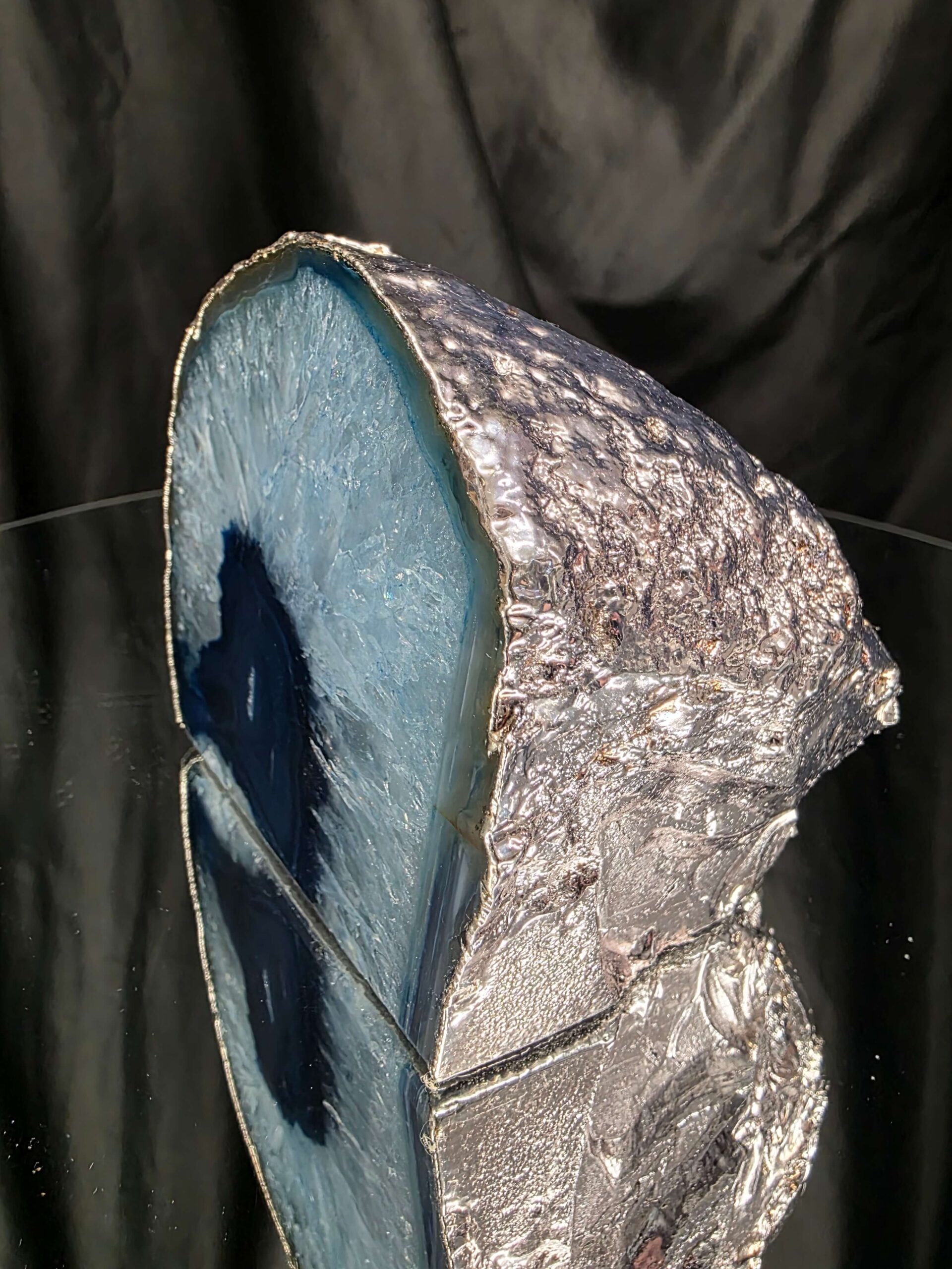 Large Blue Agate End Candle 2 Handpicked 969g H10xW11xD8cm Microcrystalline Quartz Silver Gilded Tealight Holder - Image 3