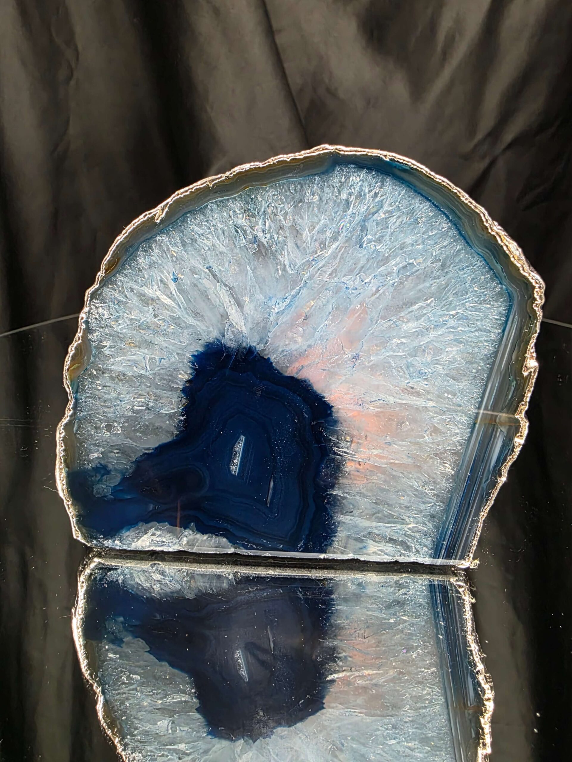 Large Blue Agate End Candle 2 Handpicked 969g H10xW11xD8cm Microcrystalline Quartz Silver Gilded Tealight Holder - Image 7