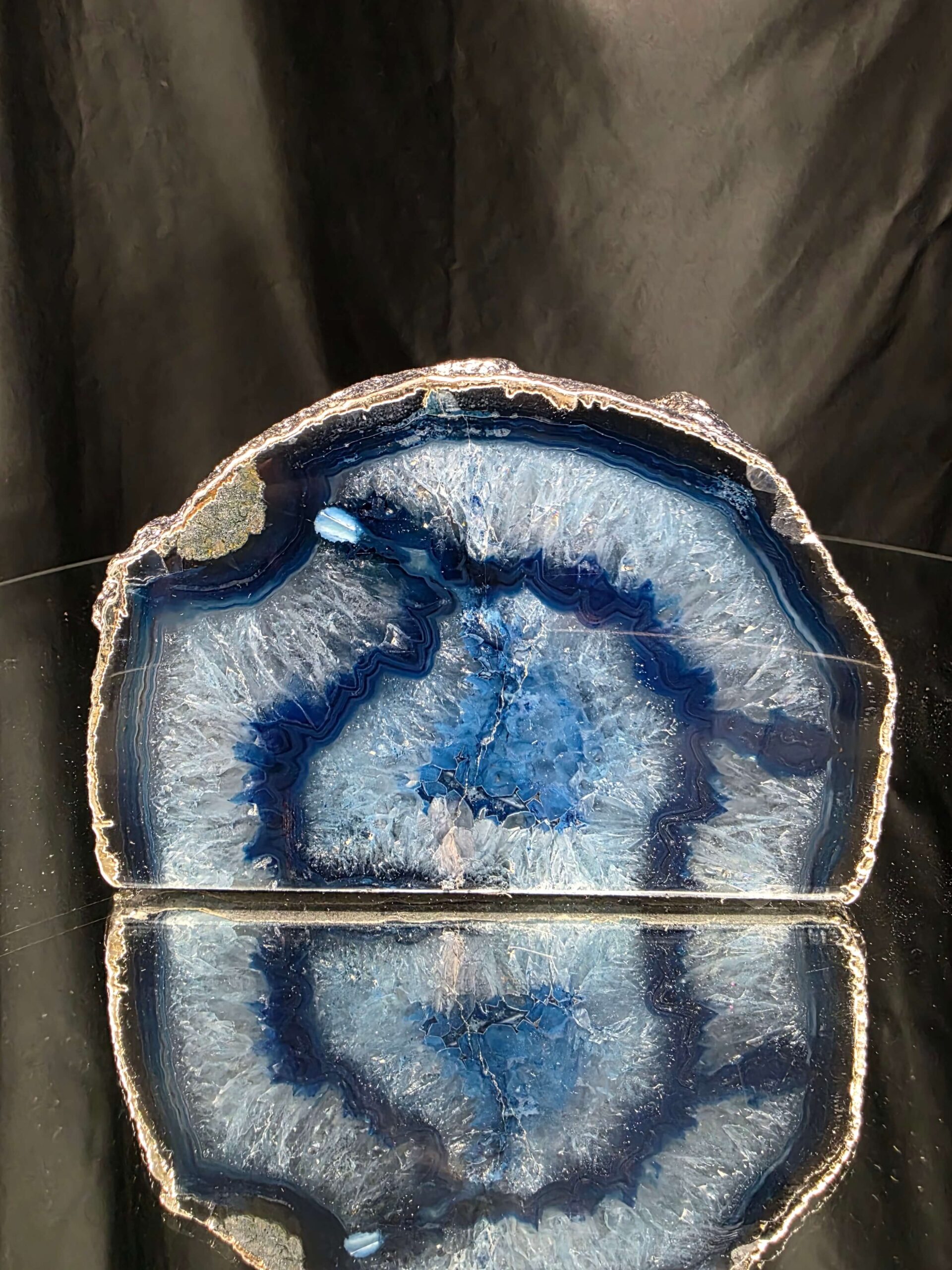Large Blue Agate End Candle 3 Handpicked 922g H7.5xW12xD7.5cm Microcrystalline Quartz Silver Gilded Tealight Holder