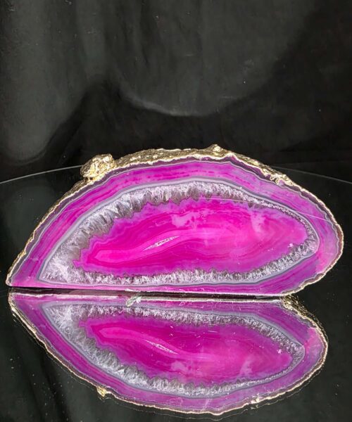 Large Pink Agate End Candle 1 Handpicked 934g H6.5xW15xD7.5cm Microcrystalline Quartz Gold Gilded 24ct Gold Tealight Holder