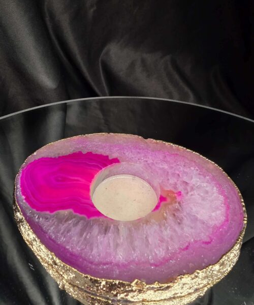 Pink Agate Slice 2 Handpicked 421g H2xW14xD10cm Microcrystalline Quartz Gold Gilded 24ct Tealight Candle Holder