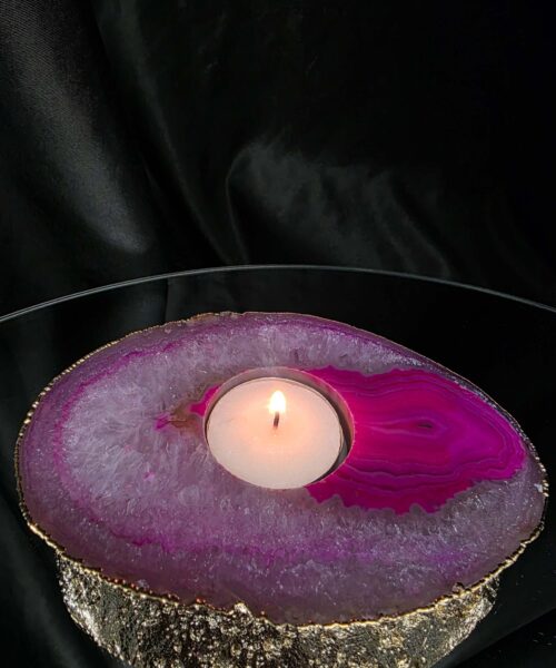 Pink Agate Slice 2 Handpicked 421g H2xW14xD10cm Microcrystalline Quartz Gold Gilded 24ct Tealight Candle Holder - Image 10