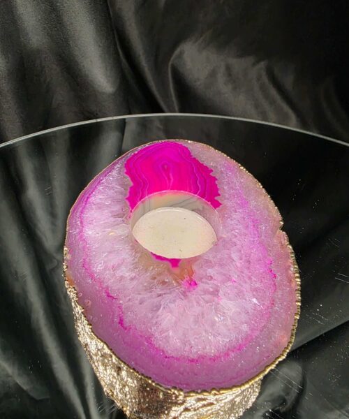 Alternative view of Pink Agate Slice 2 Handpicked 421g H2xW14xD10cm Microcrystalline Quartz Gold Gilded 24ct Tealight Candle Holder