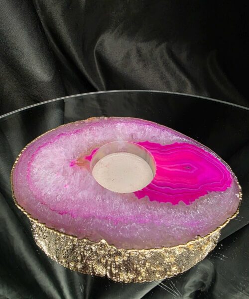 Pink Agate Slice 2 Handpicked 421g H2xW14xD10cm Microcrystalline Quartz Gold Gilded 24ct Tealight Candle Holder - Image 3