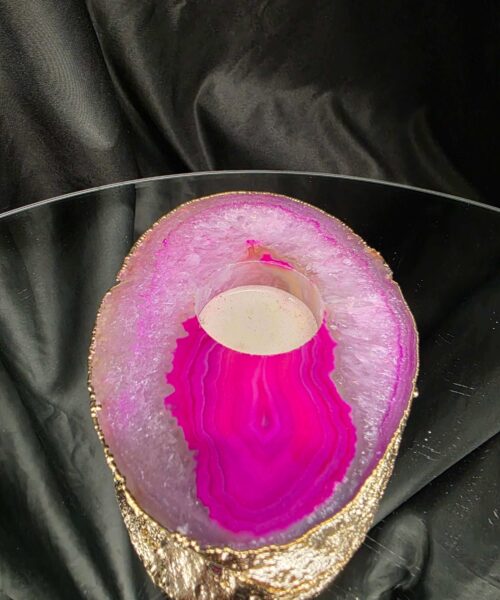 Pink Agate Slice 2 Handpicked 421g H2xW14xD10cm Microcrystalline Quartz Gold Gilded 24ct Tealight Candle Holder - Image 4