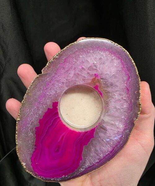 Pink Agate Slice 2 Handpicked 421g H2xW14xD10cm Microcrystalline Quartz Gold Gilded 24ct Tealight Candle Holder - Image 5