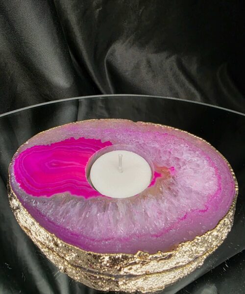 Pink Agate Slice 2 Handpicked 421g H2xW14xD10cm Microcrystalline Quartz Gold Gilded 24ct Tealight Candle Holder - Image 7