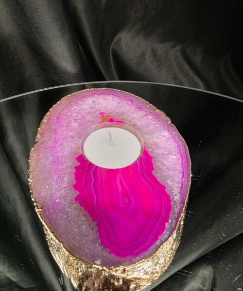 Pink Agate Slice 2 Handpicked 421g H2xW14xD10cm Microcrystalline Quartz Gold Gilded 24ct Tealight Candle Holder - Image 8
