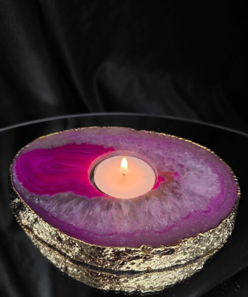 Pink Agate Slice 2 Handpicked 421g H2xW14xD10cm Microcrystalline Quartz Gold Gilded 24ct Tealight Candle Holder - Image 9