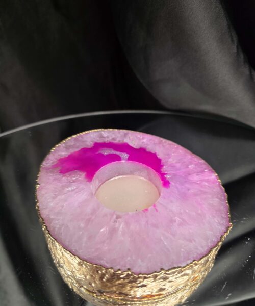 Pink Agate Slice 3 Handpicked 441g H2xW12xD10.5cm Microcrystalline Quartz Gold Gilded 24ct Tealight Candle Holder