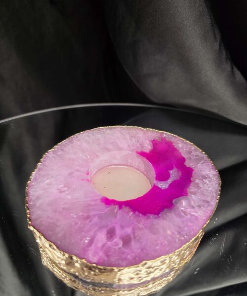 Alternative view of Pink Agate Slice 3 Handpicked 441g H2xW12xD10.5cm Microcrystalline Quartz Gold Gilded 24ct Tealight Candle Holder