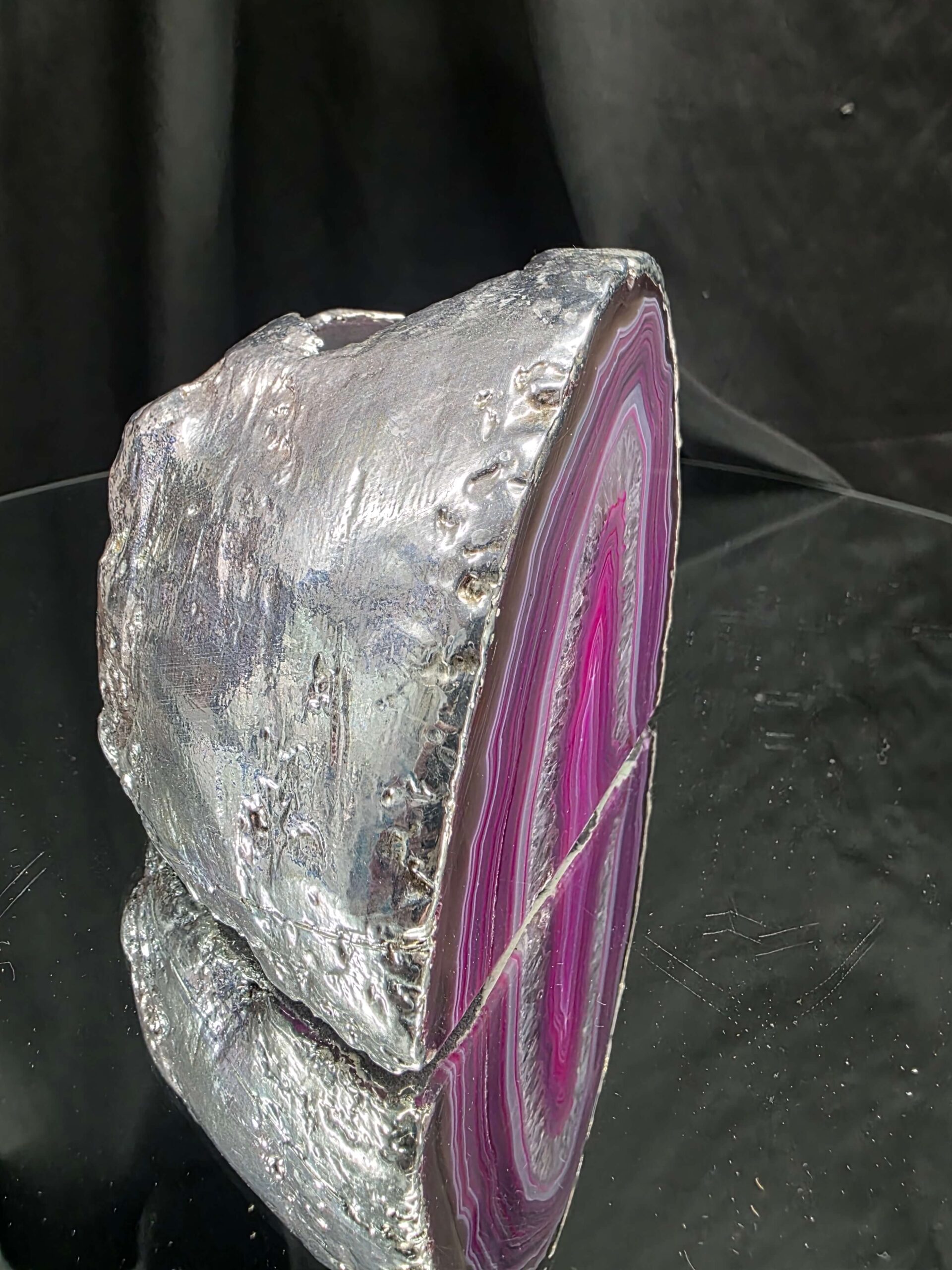 Large Pink Agate End Candle 3 Handpicked 851g H9xW10.5xD6.5cm Microcrystalline Quartz Silver Gilded Tealight Holder - Image 2