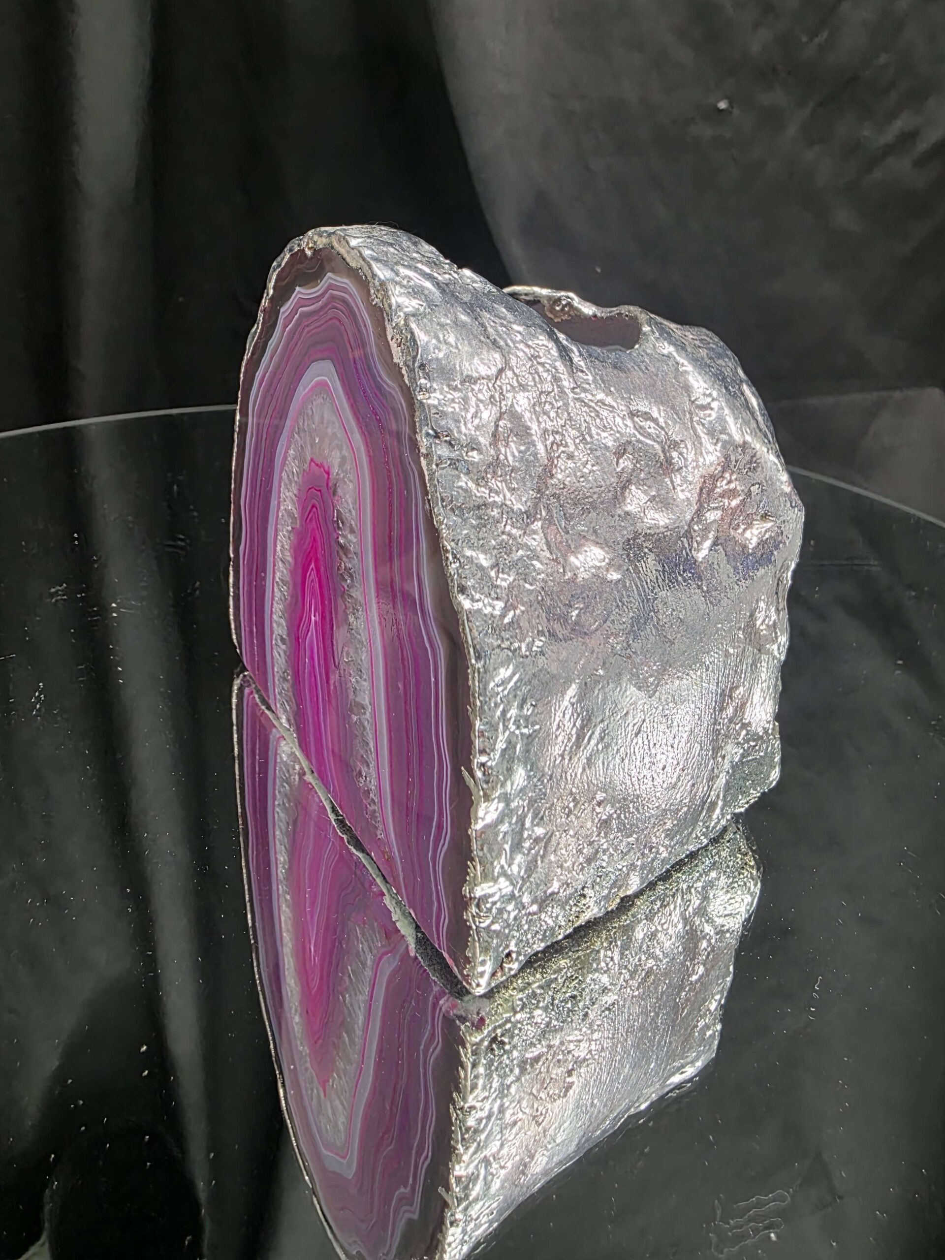 Large Pink Agate End Candle 3 Handpicked 851g H9xW10.5xD6.5cm Microcrystalline Quartz Silver Gilded Tealight Holder - Image 3