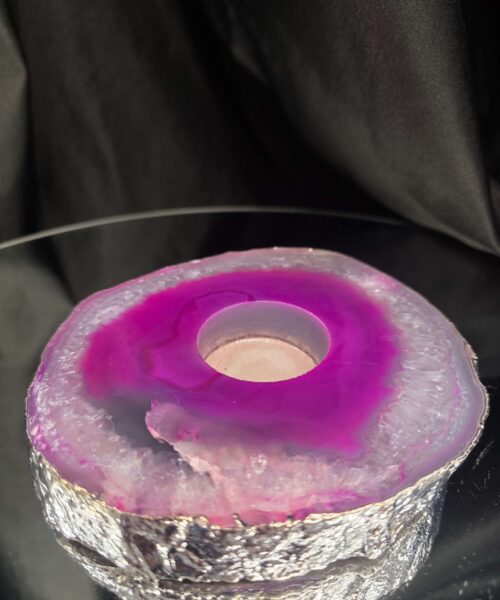 Pink Agate Slice 2 Handpicked 613g H2.5xW13xD13cm Microcrystalline Quartz Silver Gilded Tealight Candle Holder