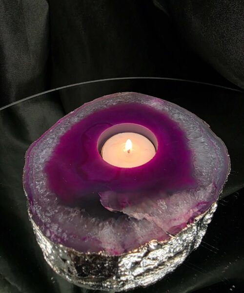 Pink Agate Slice 2 Handpicked 613g H2.5xW13xD13cm Microcrystalline Quartz Silver Gilded Tealight Candle Holder - Image 10