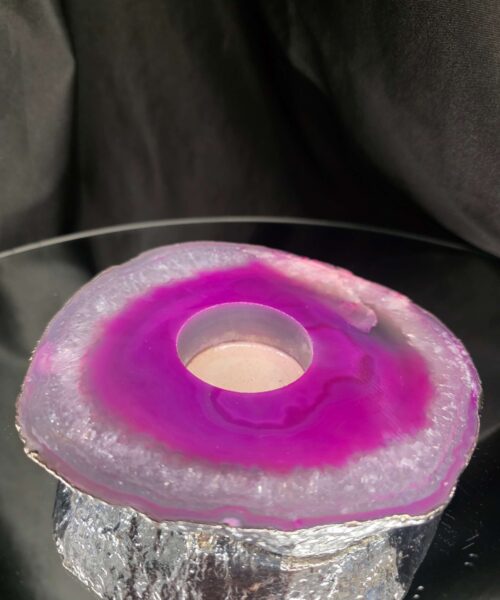 Pink Agate Slice 2 Handpicked 613g H2.5xW13xD13cm Microcrystalline Quartz Silver Gilded Tealight Candle Holder - Image 3