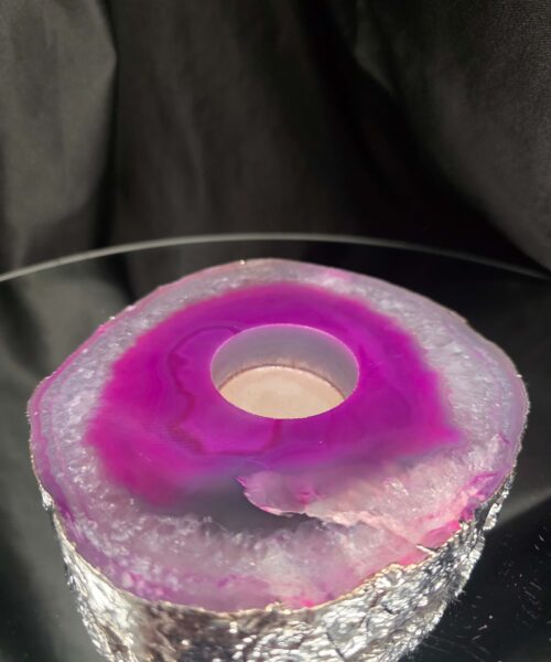 Pink Agate Slice 2 Handpicked 613g H2.5xW13xD13cm Microcrystalline Quartz Silver Gilded Tealight Candle Holder - Image 4