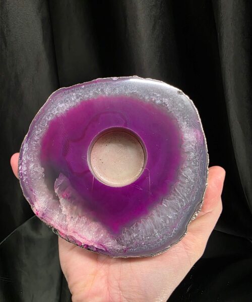 Pink Agate Slice 2 Handpicked 613g H2.5xW13xD13cm Microcrystalline Quartz Silver Gilded Tealight Candle Holder - Image 5