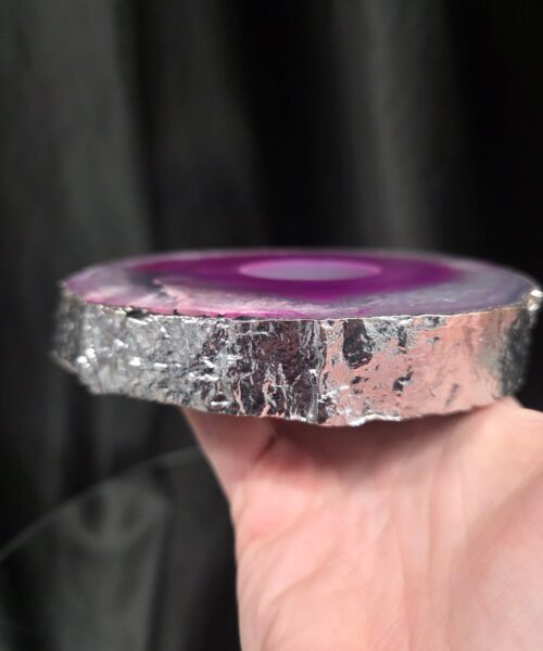 Pink Agate Slice 2 Handpicked 613g H2.5xW13xD13cm Microcrystalline Quartz Silver Gilded Tealight Candle Holder - Image 6