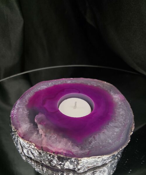 Pink Agate Slice 2 Handpicked 613g H2.5xW13xD13cm Microcrystalline Quartz Silver Gilded Tealight Candle Holder - Image 7