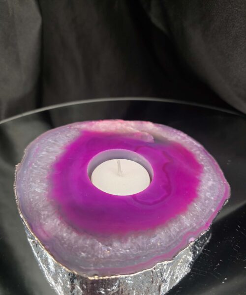 Pink Agate Slice 2 Handpicked 613g H2.5xW13xD13cm Microcrystalline Quartz Silver Gilded Tealight Candle Holder - Image 8