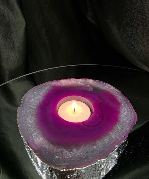 Pink Agate Slice 2 Handpicked 613g H2.5xW13xD13cm Microcrystalline Quartz Silver Gilded Tealight Candle Holder - Image 9