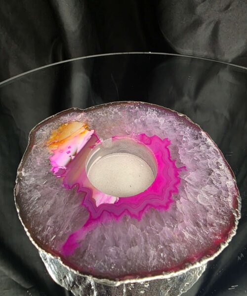 Pink Agate Slice 3 Handpicked 418g H2xW13xD11.5cm Microcrystalline Quartz Silver Gilded Tealight Candle Holder