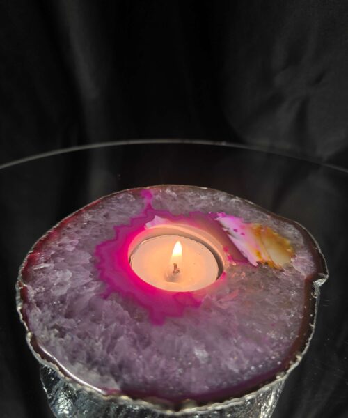 Pink Agate Slice 3 Handpicked 418g H2xW13xD11.5cm Microcrystalline Quartz Silver Gilded Tealight Candle Holder - Image 10