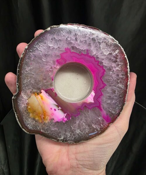 Pink Agate Slice 3 Handpicked 418g H2xW13xD11.5cm Microcrystalline Quartz Silver Gilded Tealight Candle Holder - Image 5
