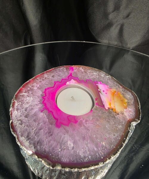 Pink Agate Slice 3 Handpicked 418g H2xW13xD11.5cm Microcrystalline Quartz Silver Gilded Tealight Candle Holder - Image 7