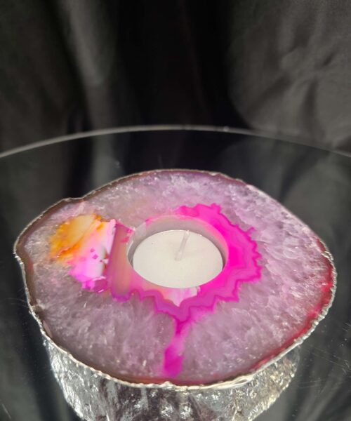 Pink Agate Slice 3 Handpicked 418g H2xW13xD11.5cm Microcrystalline Quartz Silver Gilded Tealight Candle Holder - Image 8
