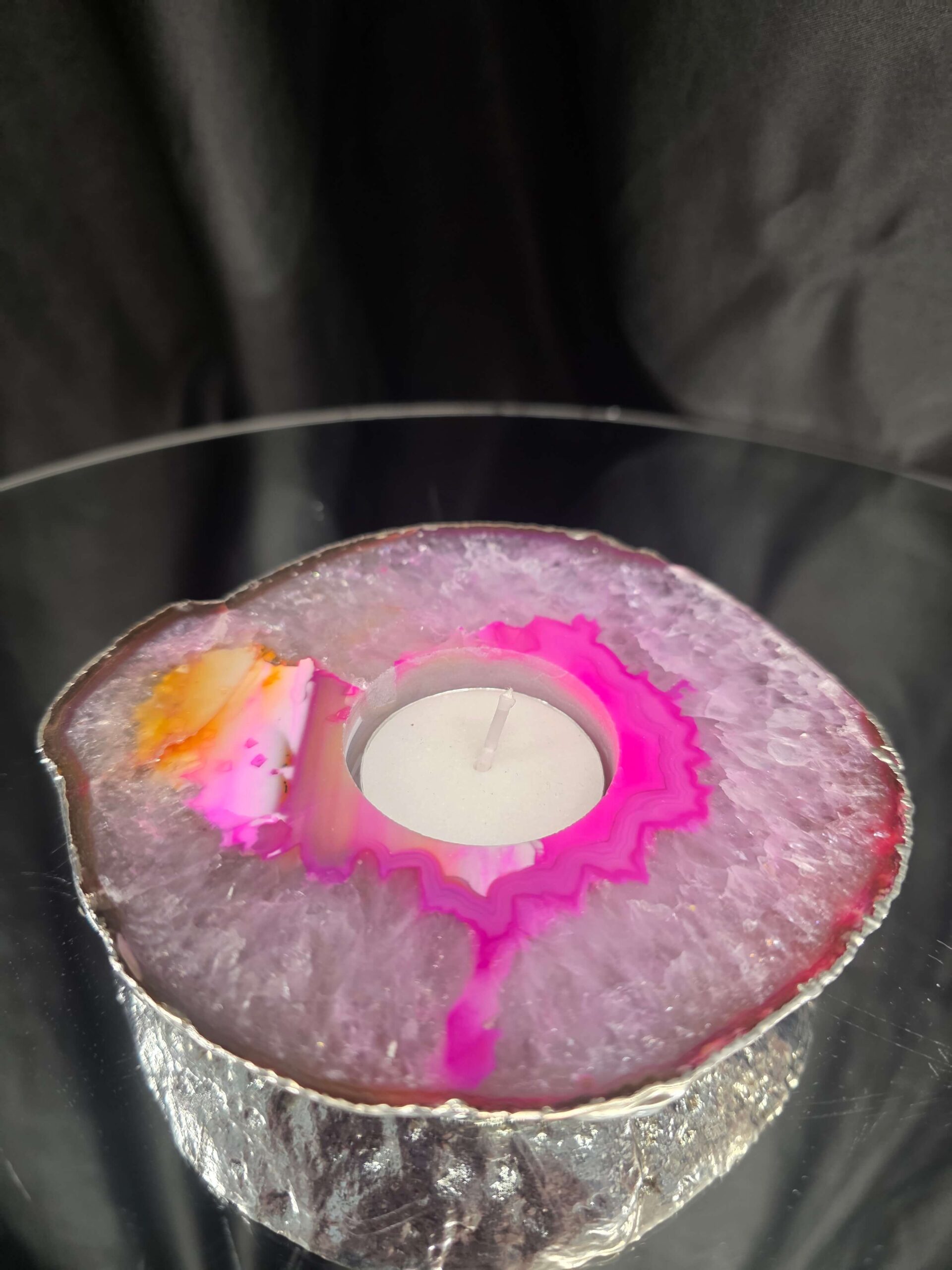 Pink Agate Slice 3 Handpicked 418g H2xW13xD11.5cm Microcrystalline Quartz Silver Gilded Tealight Candle Holder - Image 8