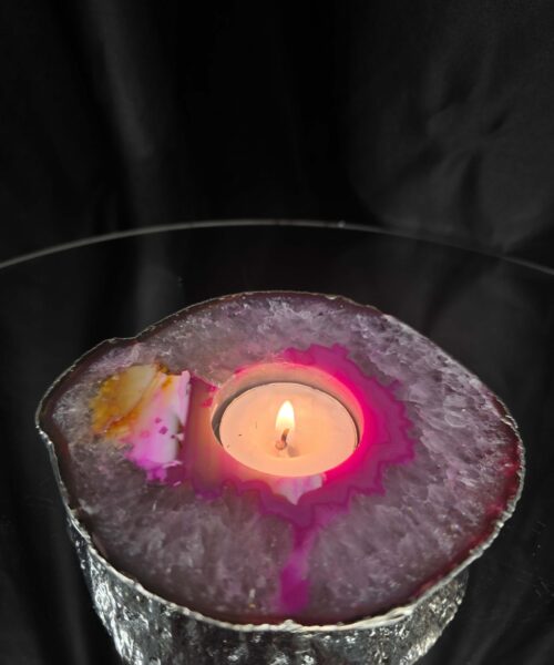 Pink Agate Slice 3 Handpicked 418g H2xW13xD11.5cm Microcrystalline Quartz Silver Gilded Tealight Candle Holder - Image 9