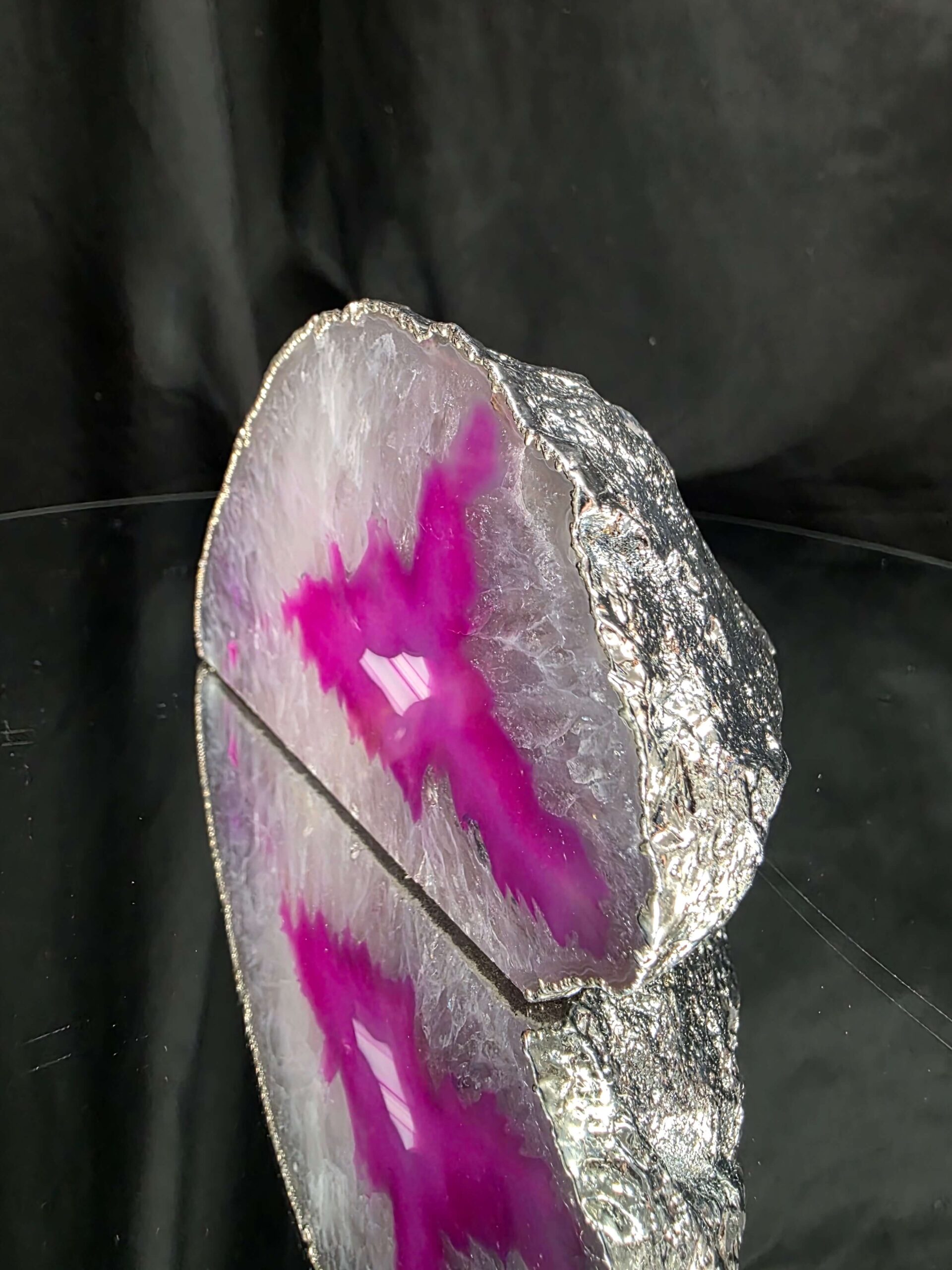 Large Pink Agate End Candle 2 Handpicked 599g H7xW13.5xD6.5cm Microcrystalline Quartz Silver Gilded Tealight Holder - Image 3