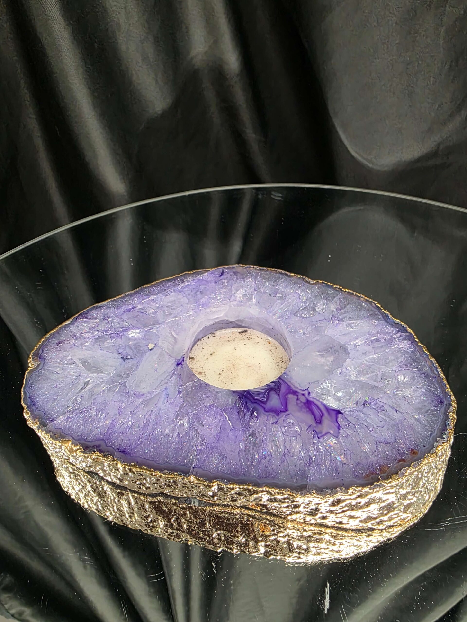 Large Purple Agate Slice 2 Handpicked 565g H2xW15xD10.5cm Microcrystalline Quartz Gold Gilded 24ct Tealight Candle Holder - Image 2