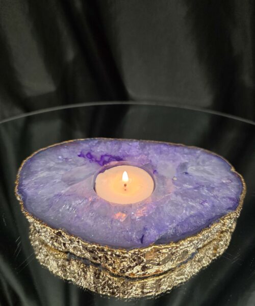 Large Purple Agate Slice 2 Handpicked 565g H2xW15xD10.5cm Microcrystalline Quartz Gold Gilded 24ct Tealight Candle Holder