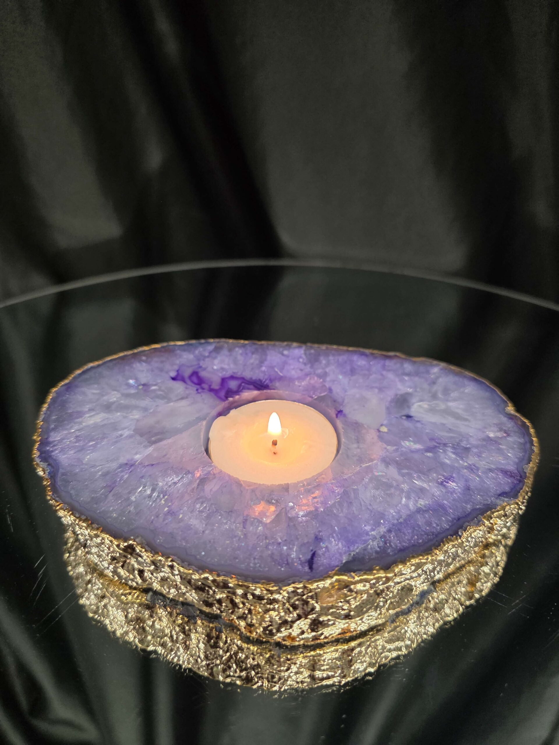 Large Purple Agate Slice 2 Handpicked 565g H2xW15xD10.5cm Microcrystalline Quartz Gold Gilded 24ct Tealight Candle Holder