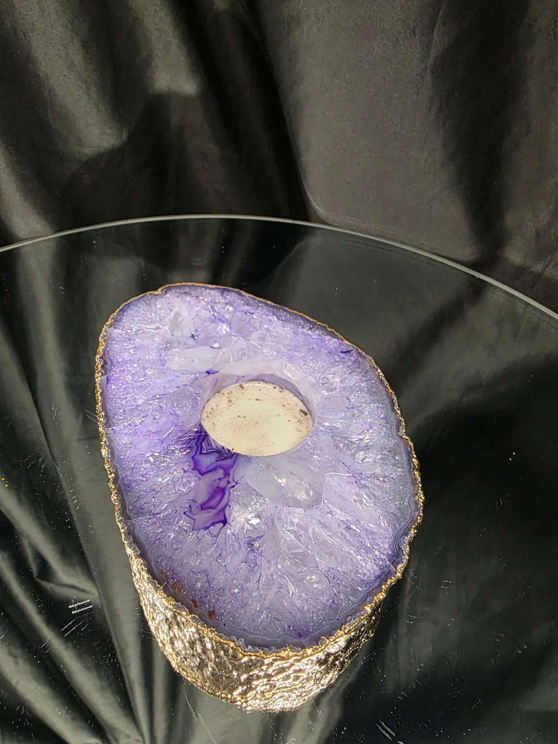 Large Purple Agate Slice 2 Handpicked 565g H2xW15xD10.5cm Microcrystalline Quartz Gold Gilded 24ct Tealight Candle Holder - Image 3