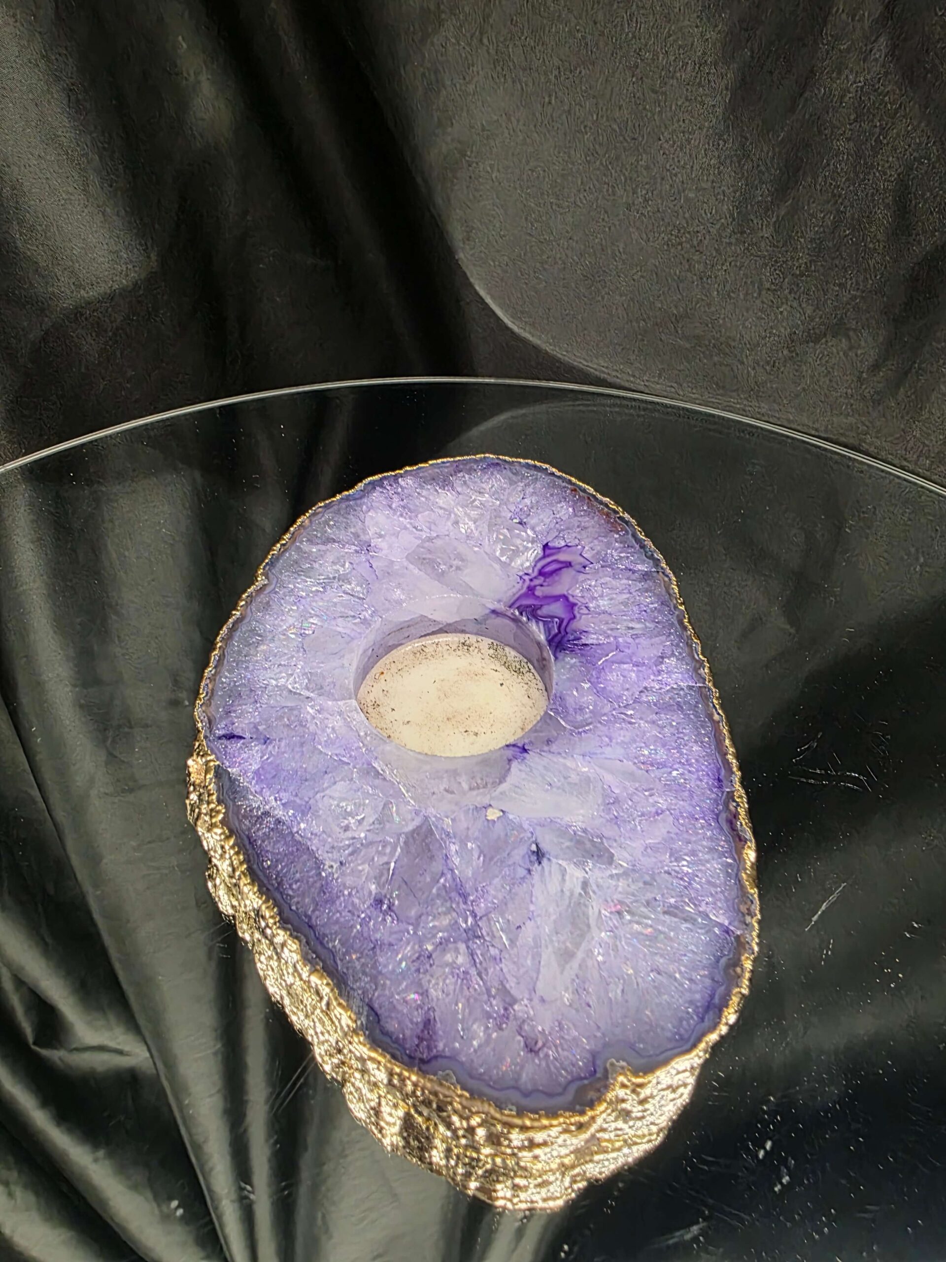 Large Purple Agate Slice 2 Handpicked 565g H2xW15xD10.5cm Microcrystalline Quartz Gold Gilded 24ct Tealight Candle Holder - Image 5