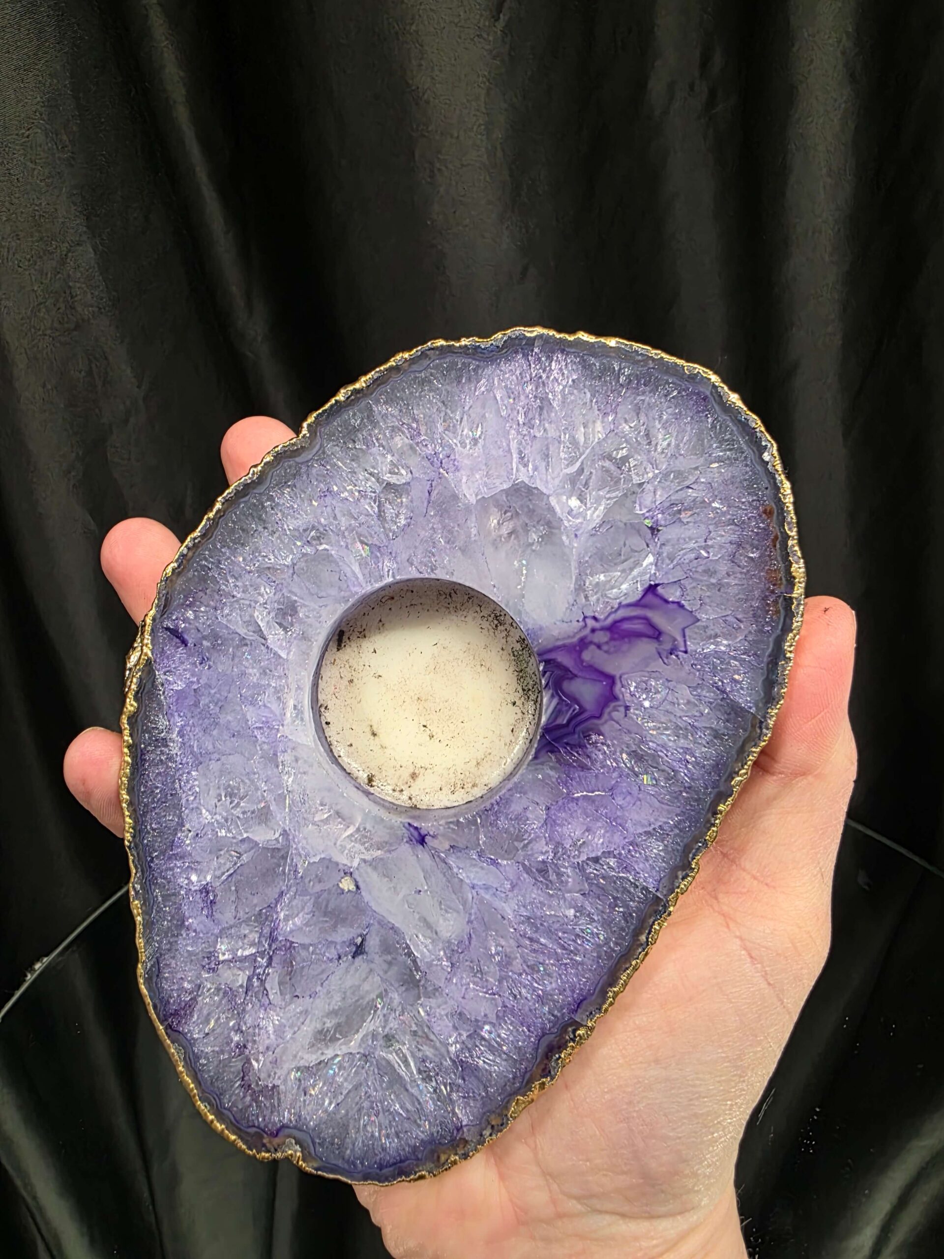 Large Purple Agate Slice 2 Handpicked 565g H2xW15xD10.5cm Microcrystalline Quartz Gold Gilded 24ct Tealight Candle Holder - Image 6