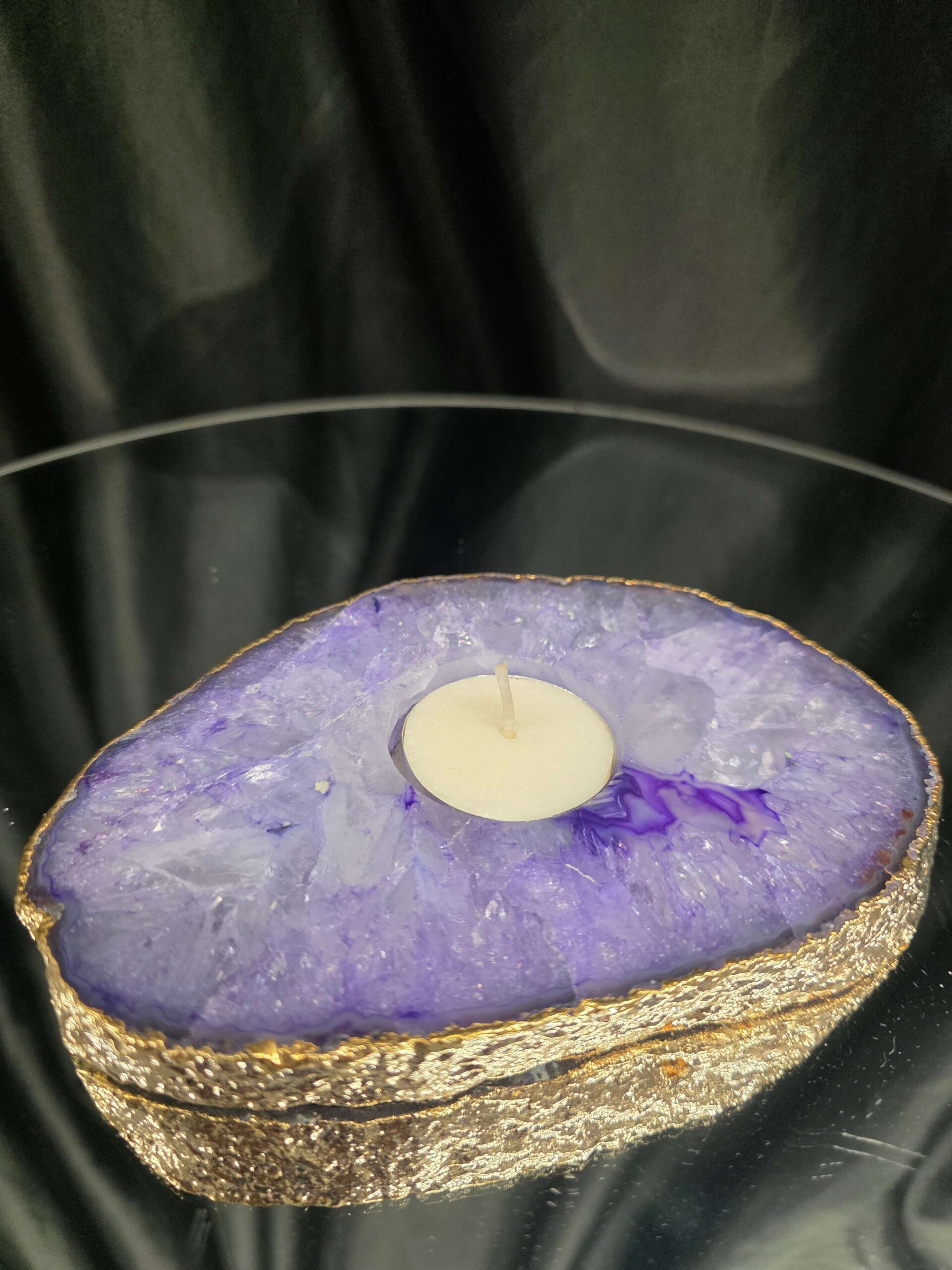Large Purple Agate Slice 2 Handpicked 565g H2xW15xD10.5cm Microcrystalline Quartz Gold Gilded 24ct Tealight Candle Holder - Image 8