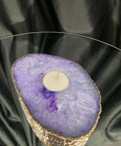 Large Purple Agate Slice 2 Handpicked 565g H2xW15xD10.5cm Microcrystalline Quartz Gold Gilded 24ct Tealight Candle Holder - Image 9