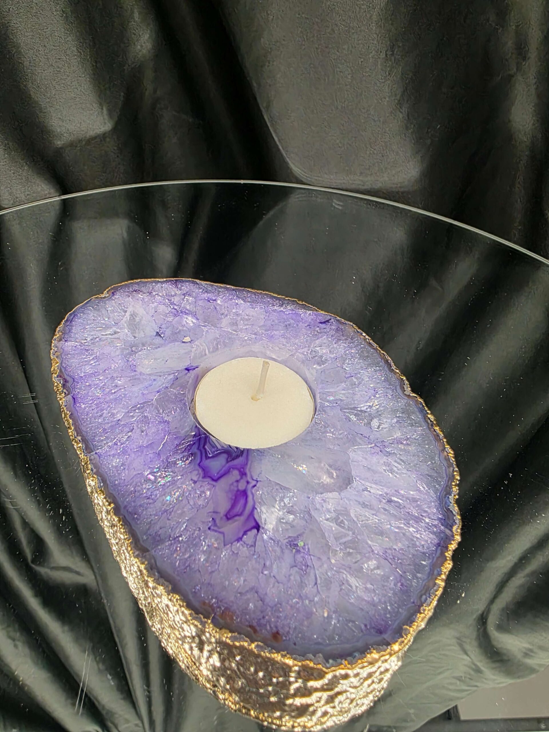 Large Purple Agate Slice 2 Handpicked 565g H2xW15xD10.5cm Microcrystalline Quartz Gold Gilded 24ct Tealight Candle Holder - Image 9